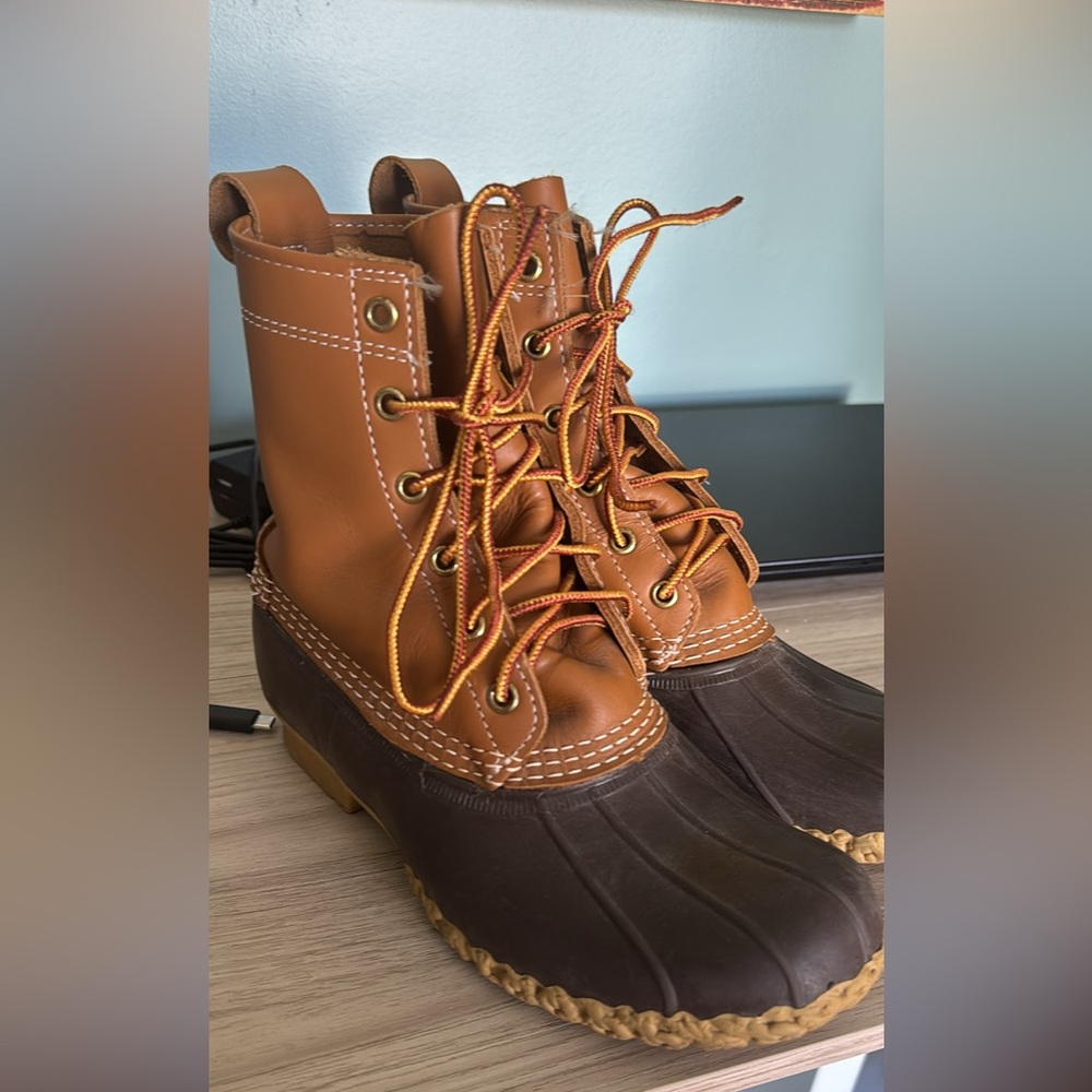 Brown and Tan Duck Boots with Orange Laces
